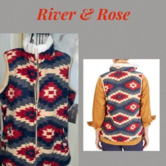 RIVER & ROSE SOUTHWEST PRINT SHERPA LINED FULL ZIP VEST~BLUE,RED~XL - Picture 6 of 6